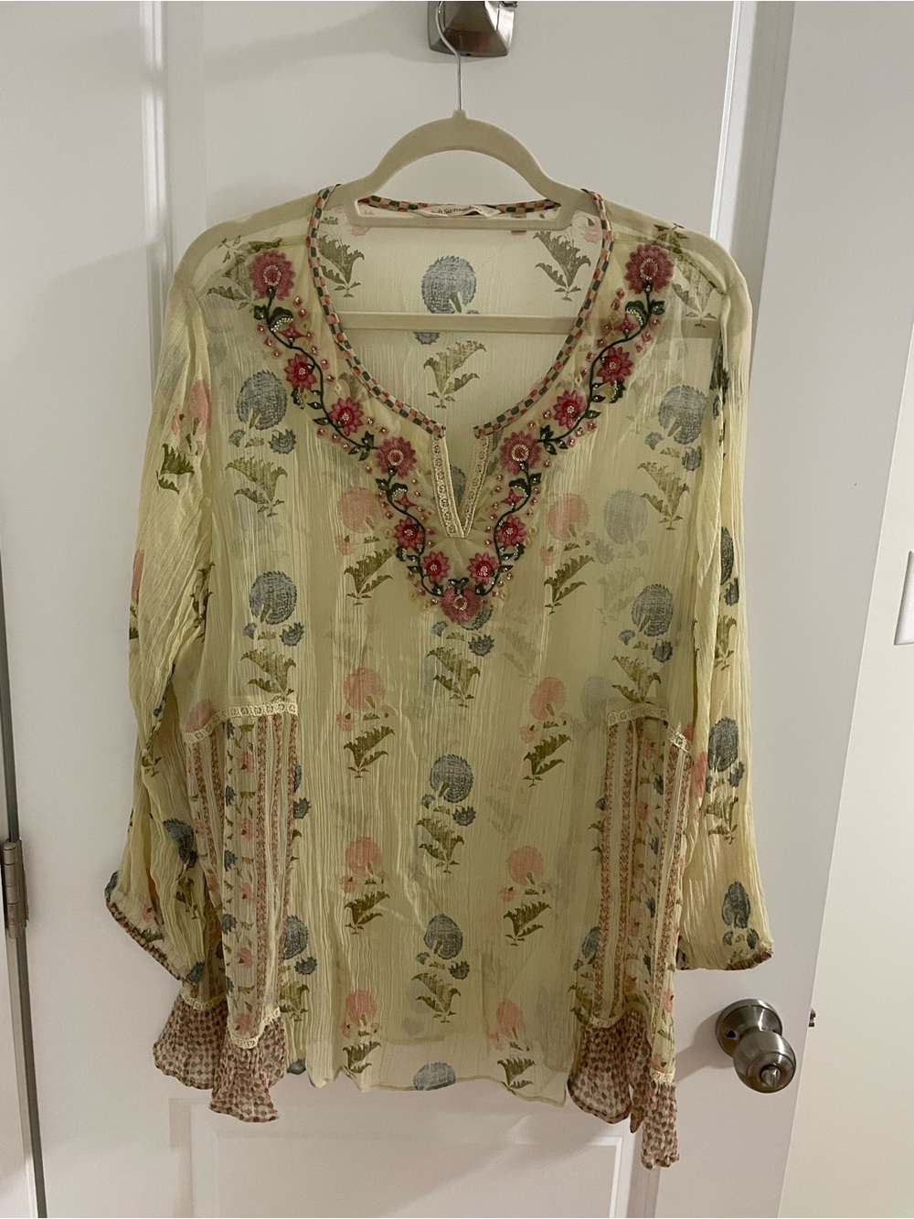 Soft Surroundings Pale Yellow Floral Embroidered Sheer V-Neck Blouse